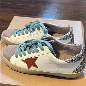 ShuShop White and Glitter Sneakers with Teal Laces